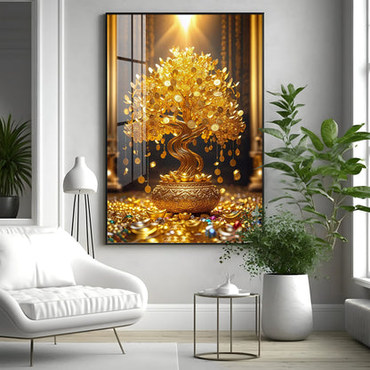 Golden Money Tree Premium Acrylic Vertical Wall Art