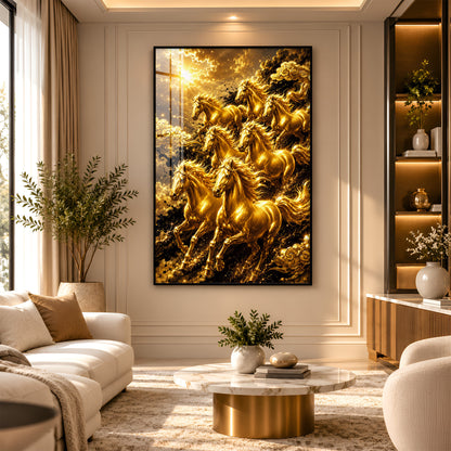 Golden Seven Horses Premium Acrylic Vertical Wall Art
