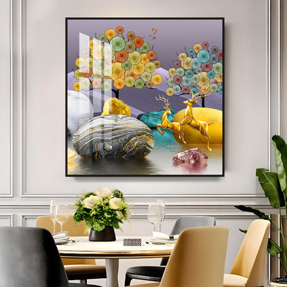Modern Colorful Background With Golden Deer Premium Acrylic Square Wall Art