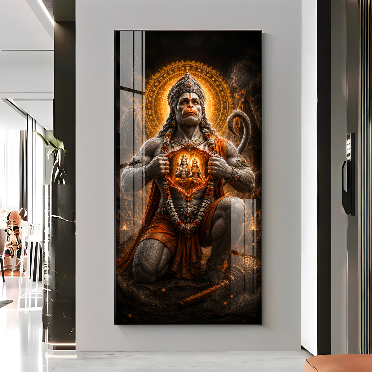 Lord Hanuman Showing Ram Sita In Heart Premium Acrylic Vertical Wall Art