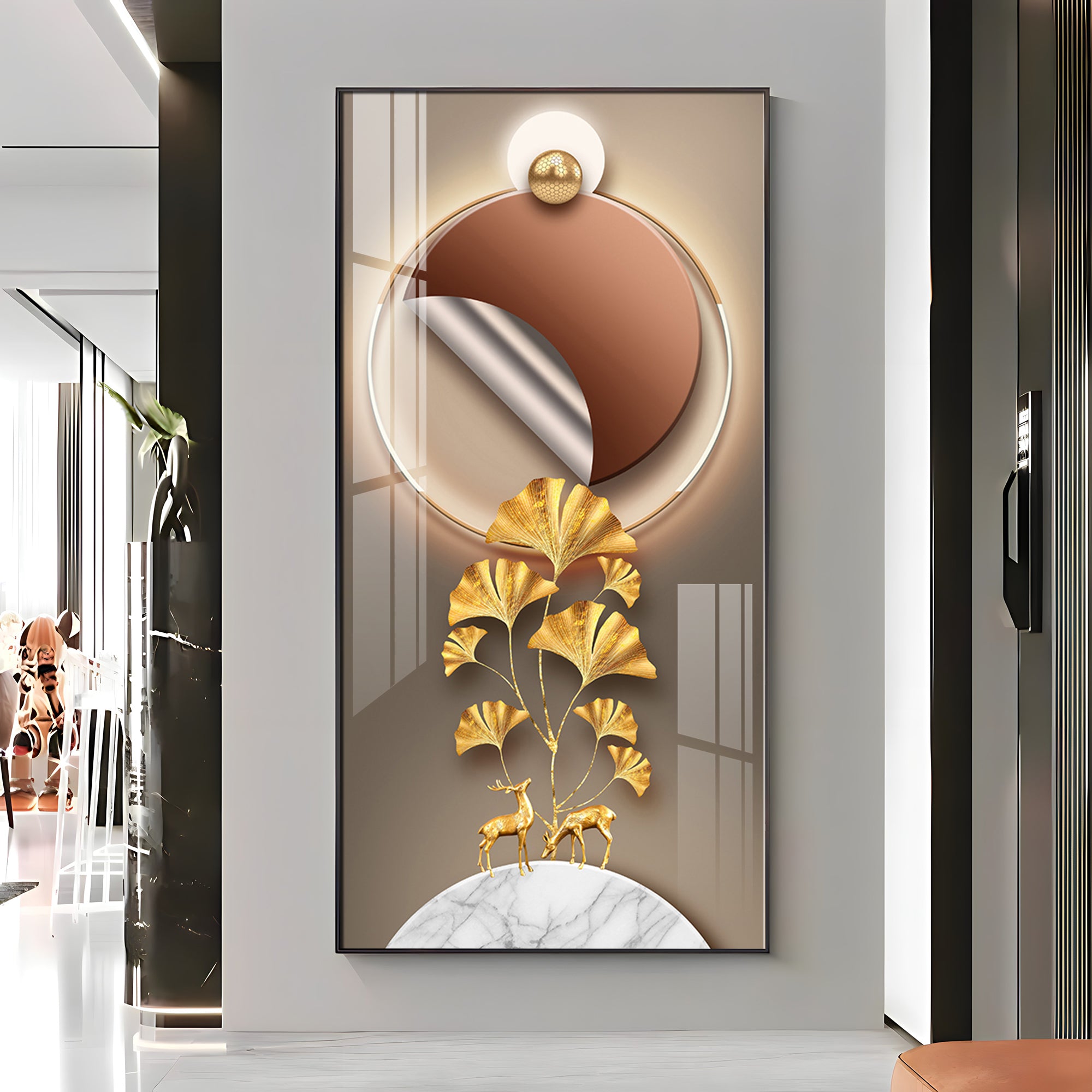 Golden Deer & Ginkgo Leaves Premium Acrylic Vertical Wall Art