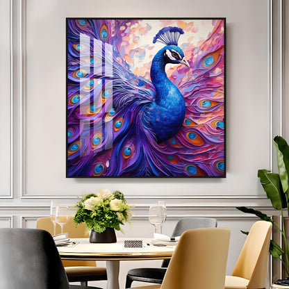 Vibrant Peacock With Feathers Premium Acrylic Square Wall Art