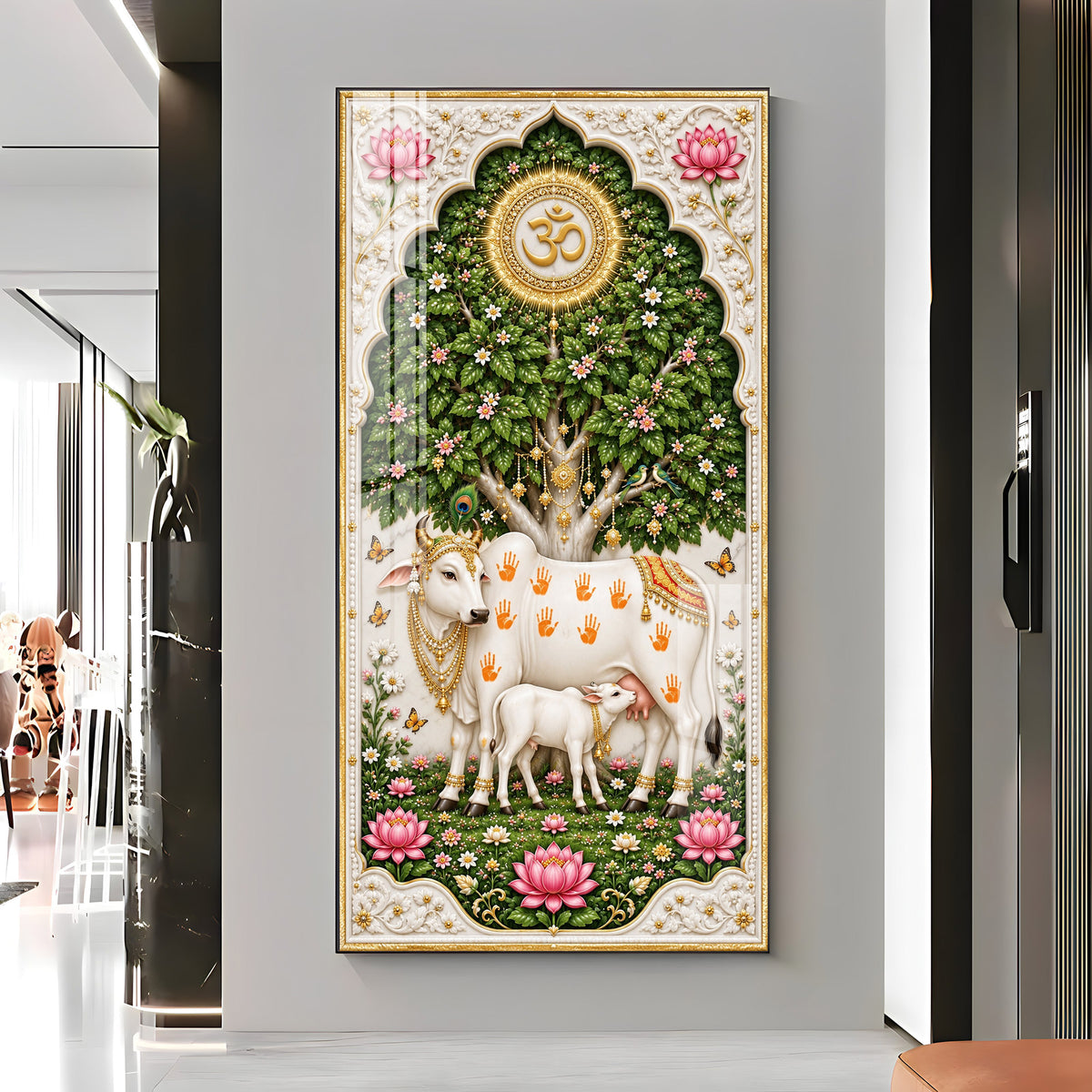 Kamdhenu Cow With Calf Premium Acrylic Vertical Wall Art