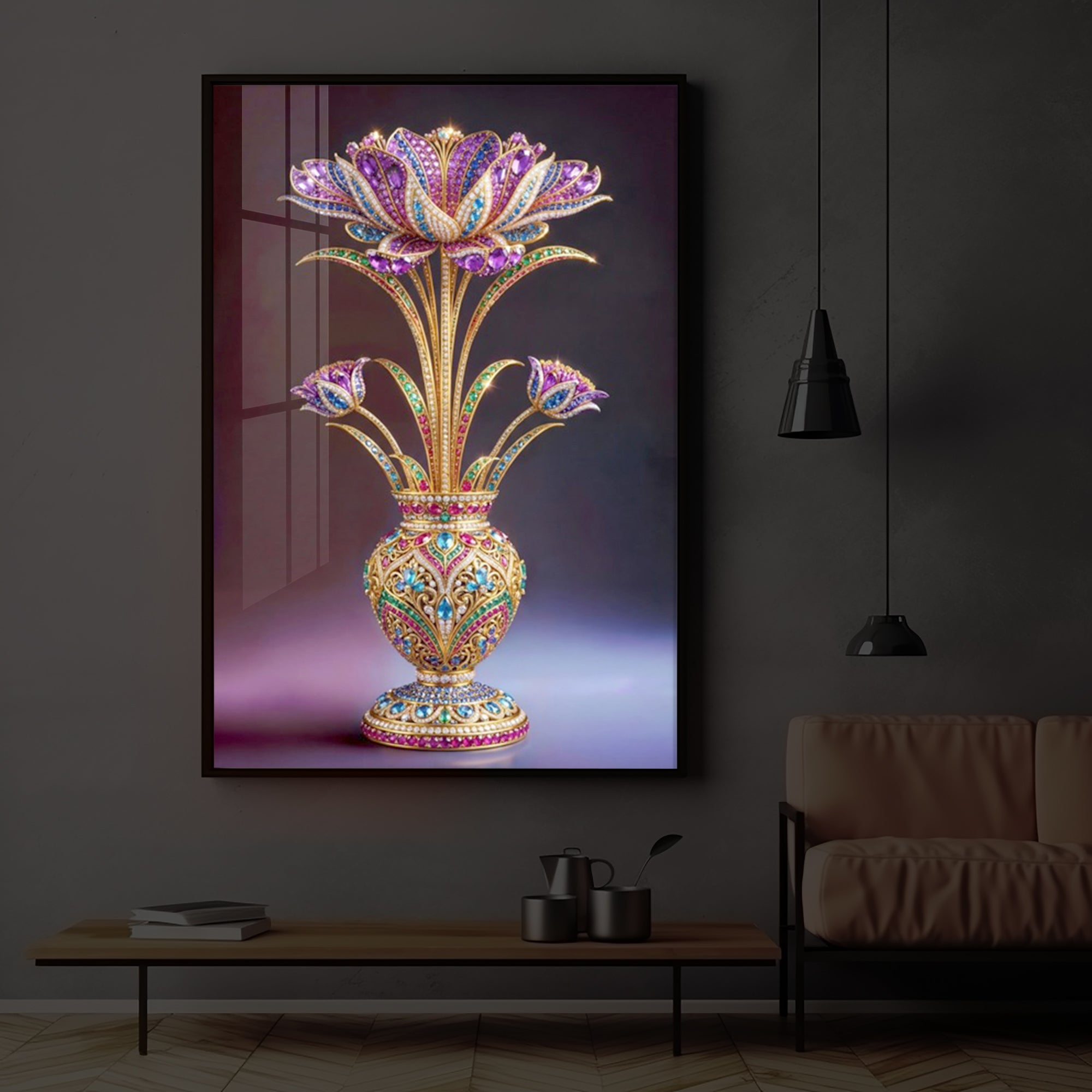 Detailed Decorative Vase Modern Luxury Backlight Vertical Wall Art