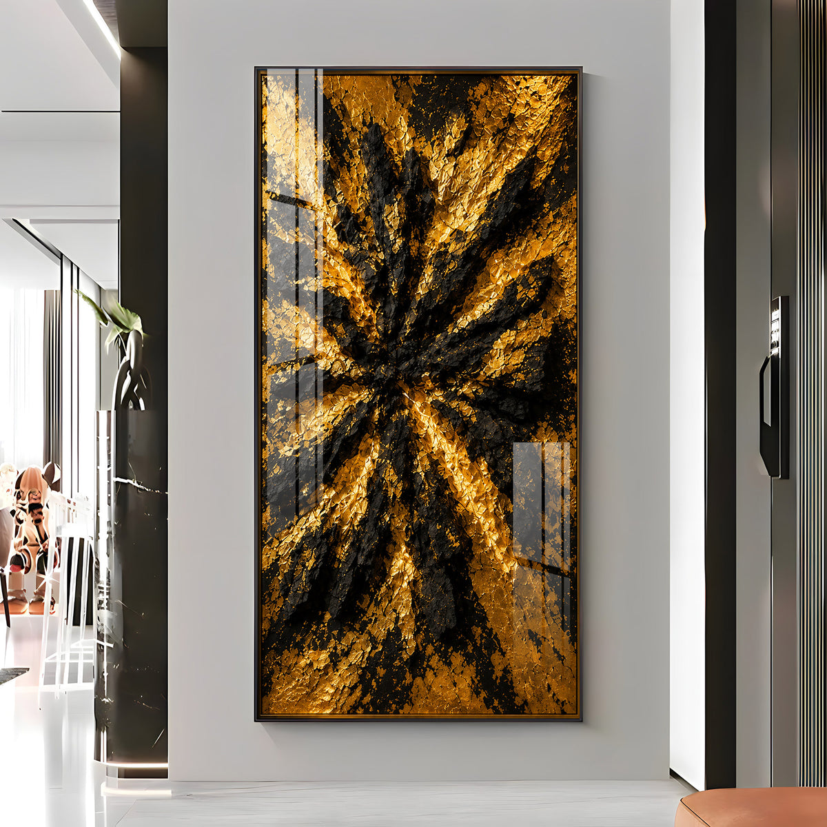 Abstract Textured Black & Gold Burst Premium Acrylic Vertical Wall Art
