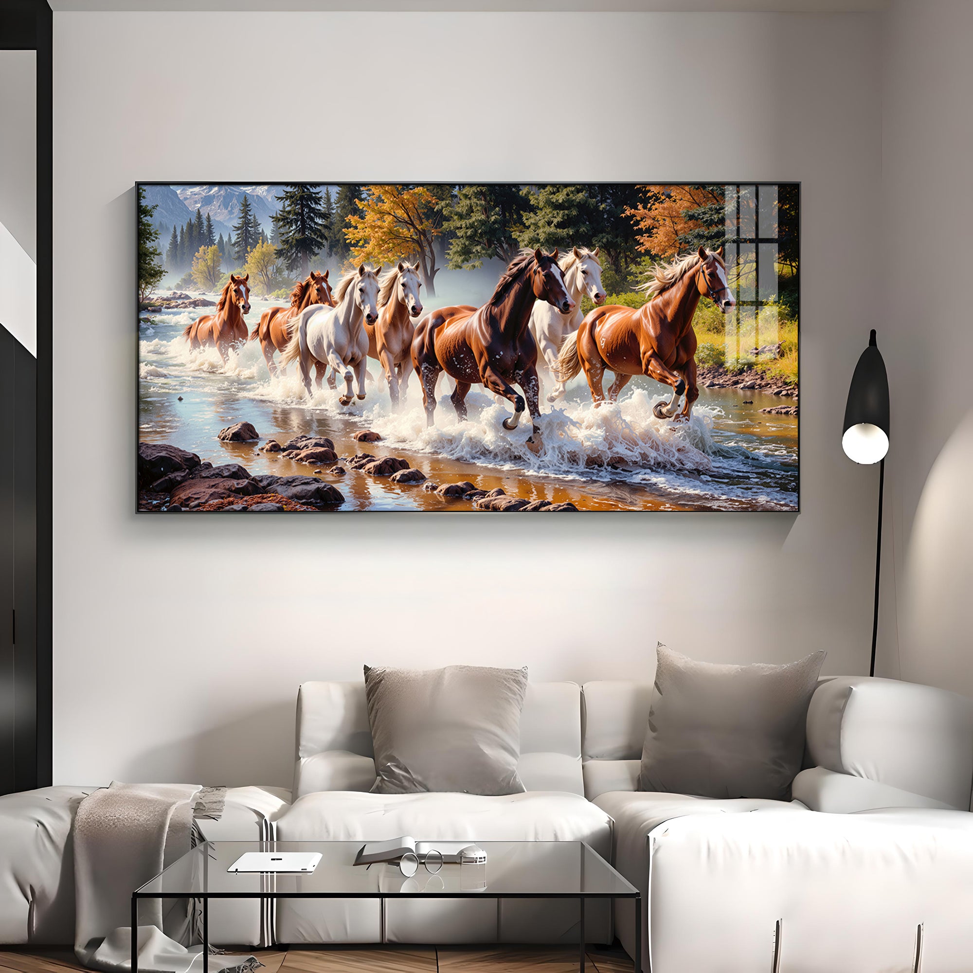 Running Horses in River Premium Acrylic Horizontal Wall Art