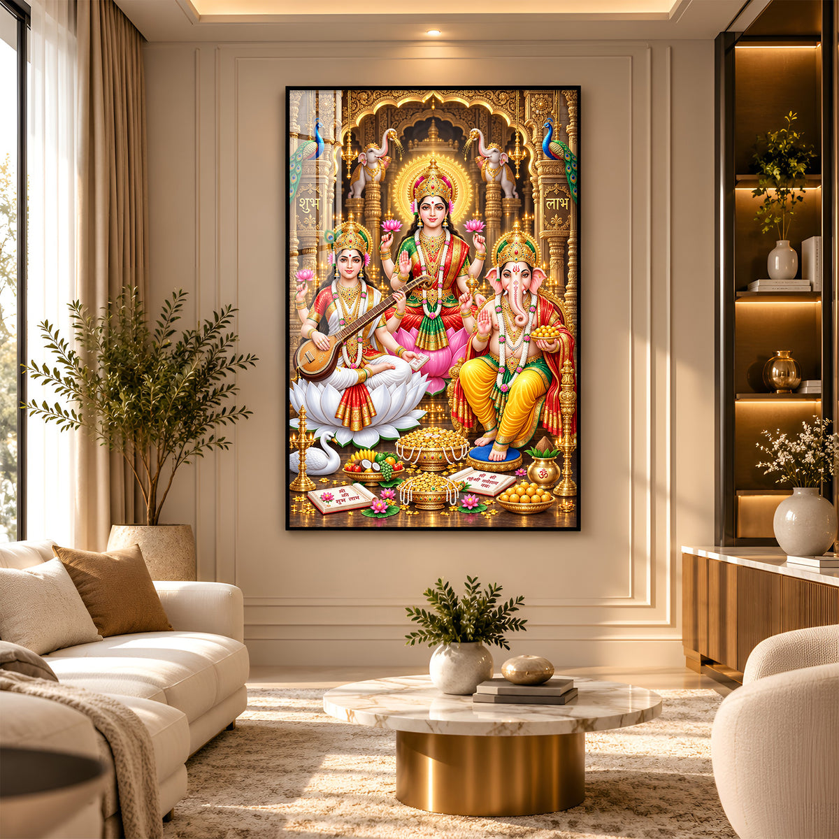 Maa Lakshmi, Ganesha and Saraswati Premium Acrylic Vertical Wall Art