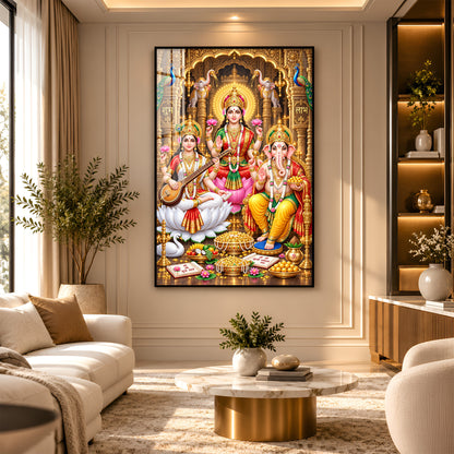 Maa Lakshmi, Ganesha and Saraswati Premium Acrylic Vertical Wall Art