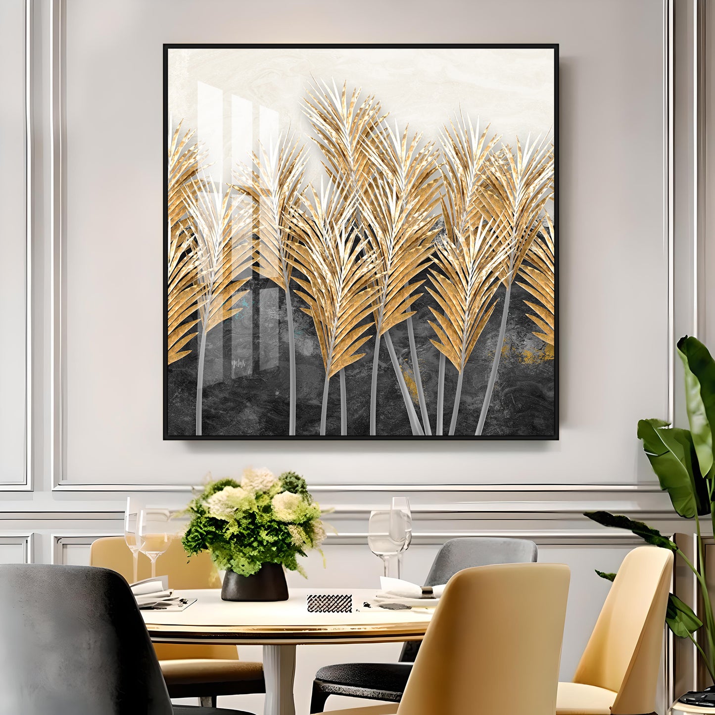 Golden Leafs Plant Premium Acrylic Square Wall Art
