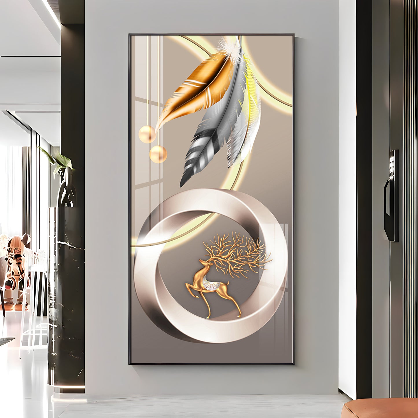 Deer With Gold & Silver Feather Premium Acrylic Vertical Wall Art
