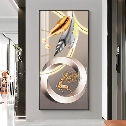 Deer With Gold & Silver Feather Premium Acrylic Vertical Wall Art