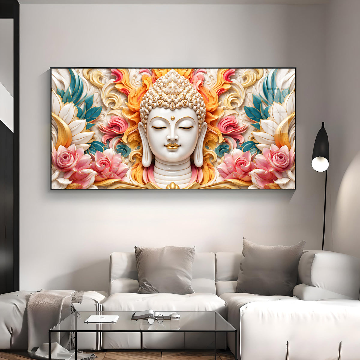 Meditating Buddha In Floral Premium Acrylic Horizontal Wall Art