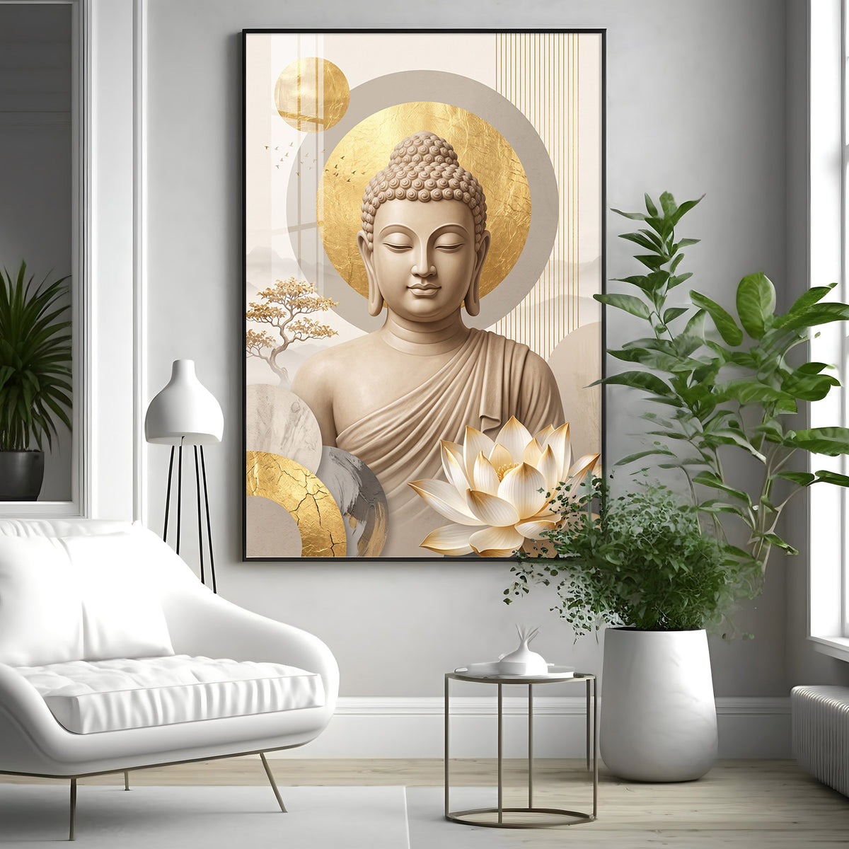 Tranquil Lord Buddha With Golden Halo & Lotus Abstract Premium Acrylic Wall art