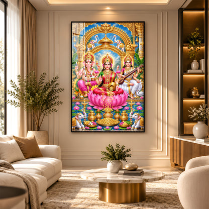 Divine Goddess Lakshmi, Lord Ganesha and Goddess Saraswati Premium Acrylic Vertical Wall Art