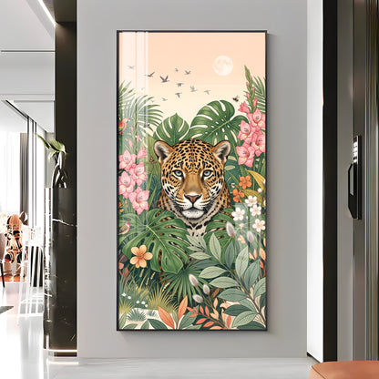 Tropical Jungle Leopard & Floral Leaves Premium Acrylic Vertical Wall Art