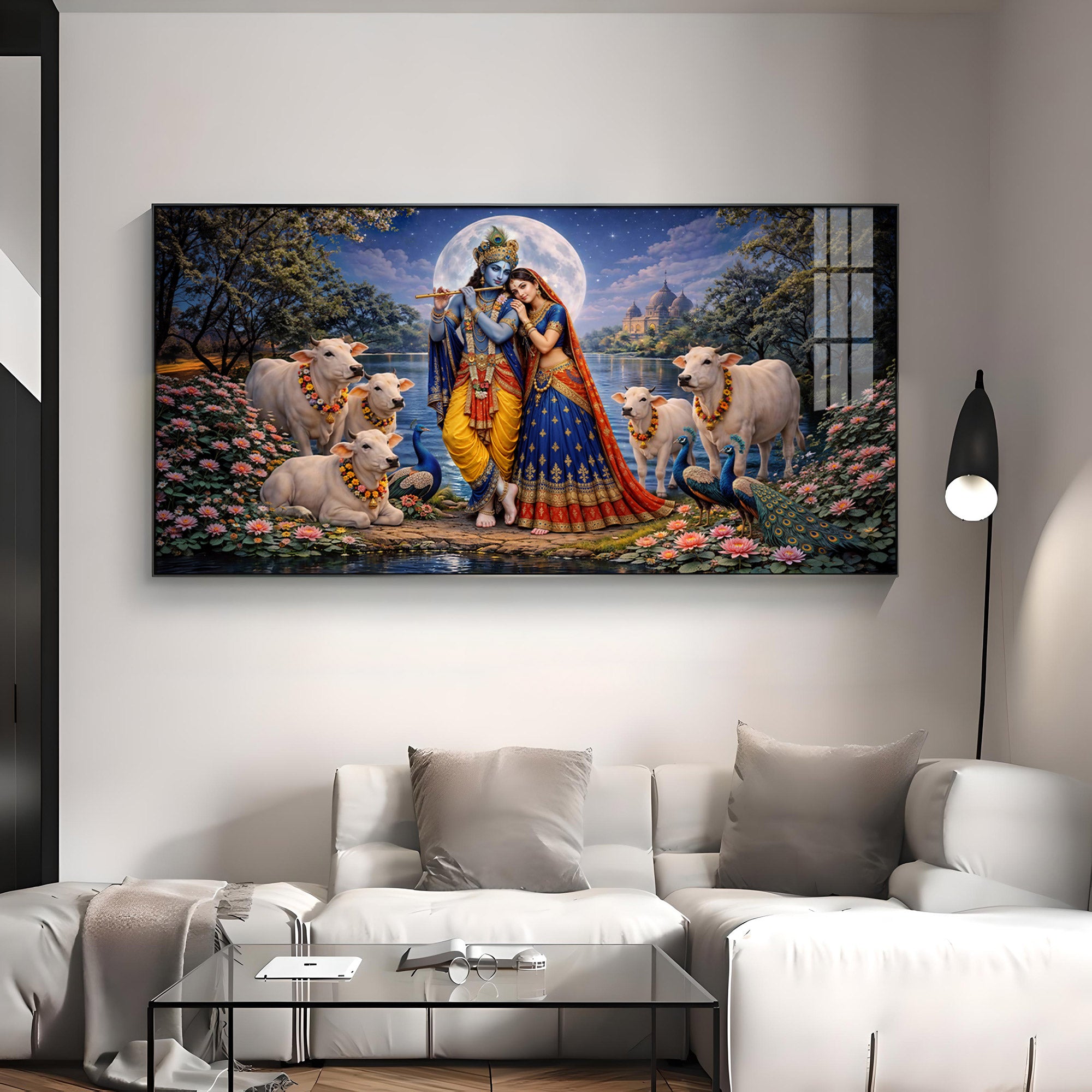 Shri Radha Krishna With Cow Premium Acrylic Horizontal Wall Art