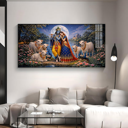 Shri Radha Krishna With Cow Premium Acrylic Horizontal Wall Art
