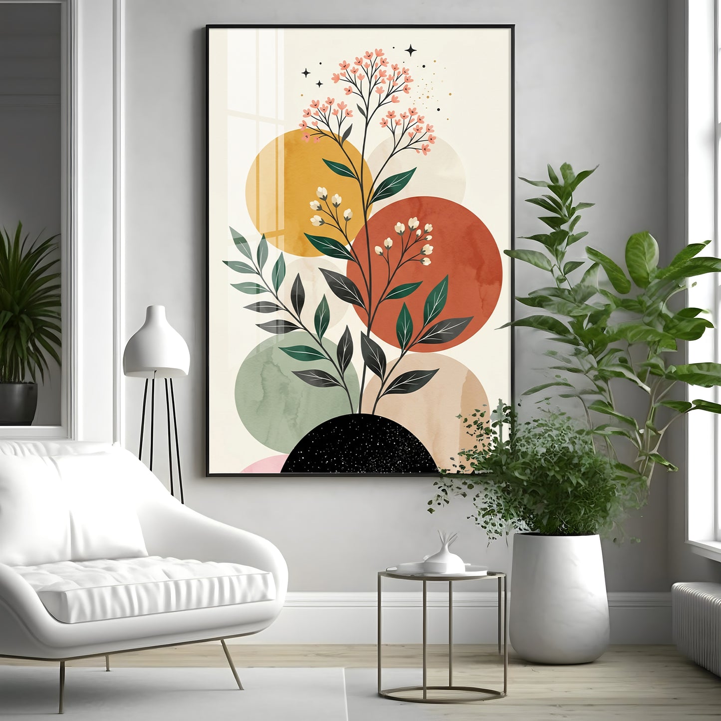 Floral Against Muted Circular Shapes Premium Acrylic Vertical Wall Art