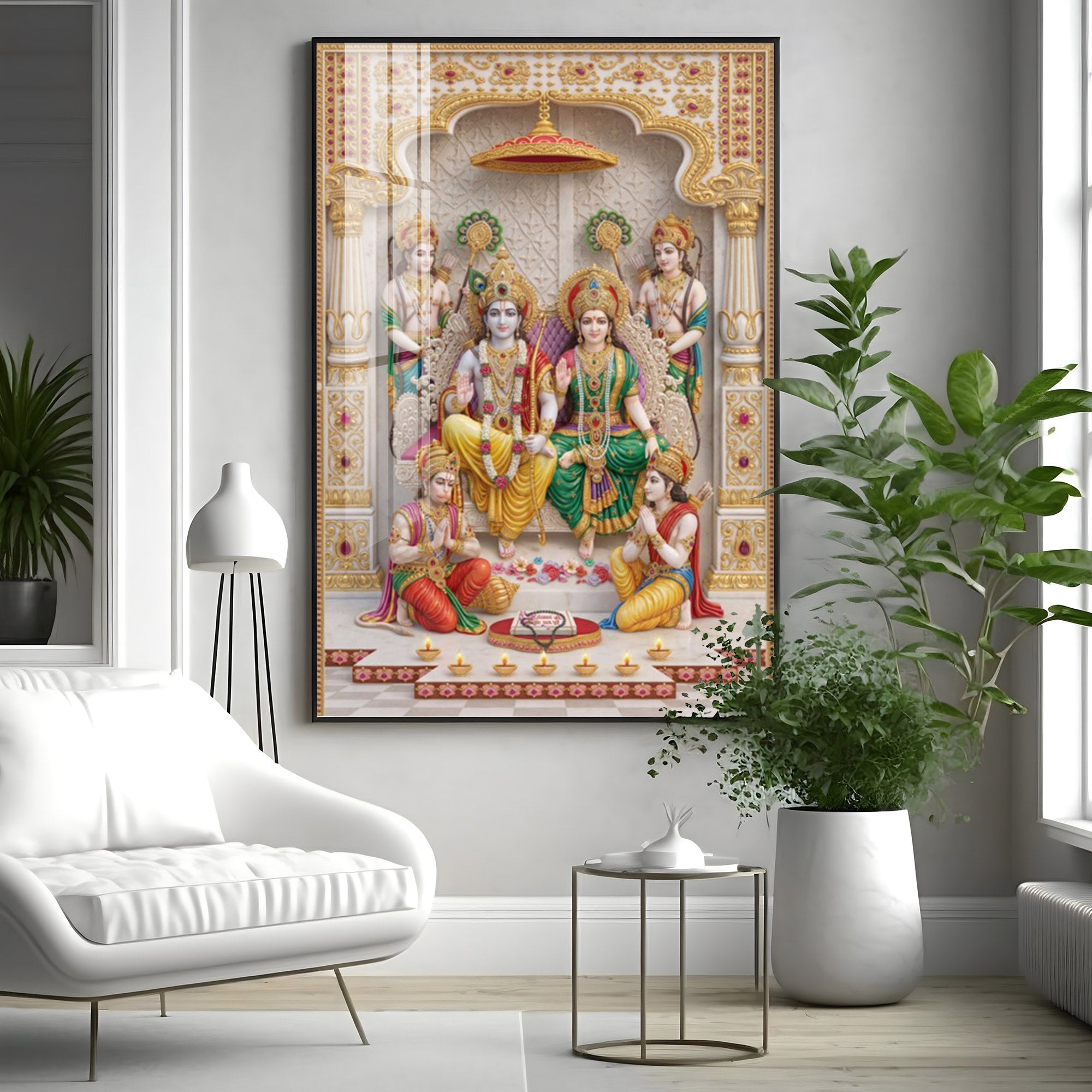 Lord Ram seated with Goddess Sita Premium Acrylic Vertical Wall Art