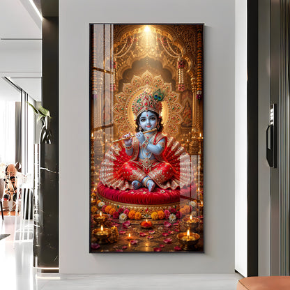 Divine Bal Krishna With Makhan Matki Premium Acrylic Vertical Wall Art
