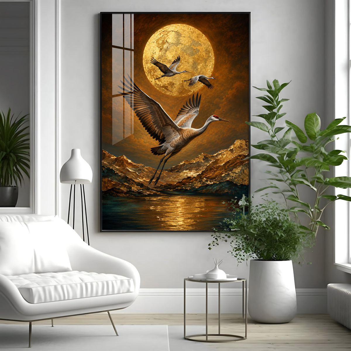 Golden Moon & Flying Cranes Premium Acrylic Vertical Wall Art