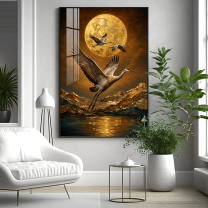 Golden Moon & Flying Cranes Premium Acrylic Vertical Wall Art