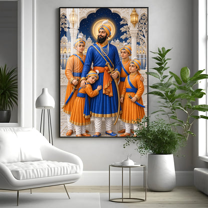 Guru Gobind Singh Ji With Sahibzade Premium Acrylic Vertical Wall Art