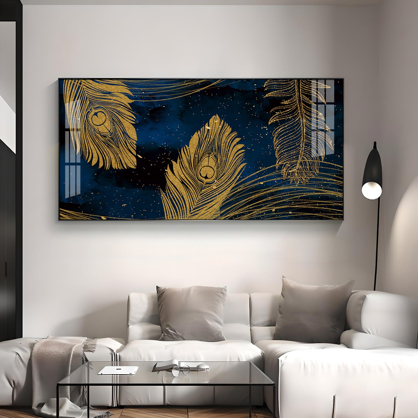 Gold Metallic Peacock Feathers Premium Acrylic Horizontal Wall Art