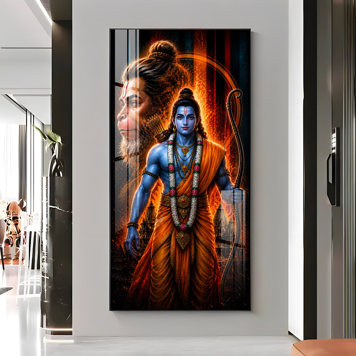 Sacred Lord Rama & Hanuman Divine Aura Premium Acrylic Vertical Wall Art
