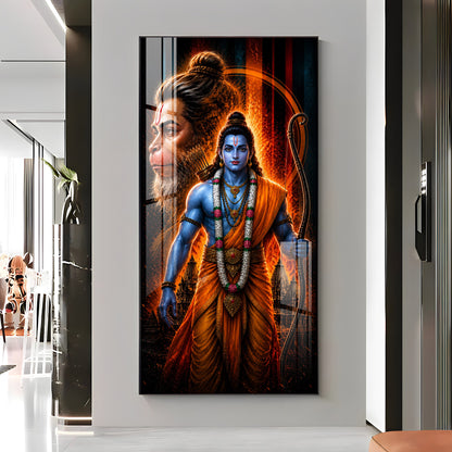 Sacred Lord Rama & Hanuman Divine Aura Premium Acrylic Vertical Wall Art