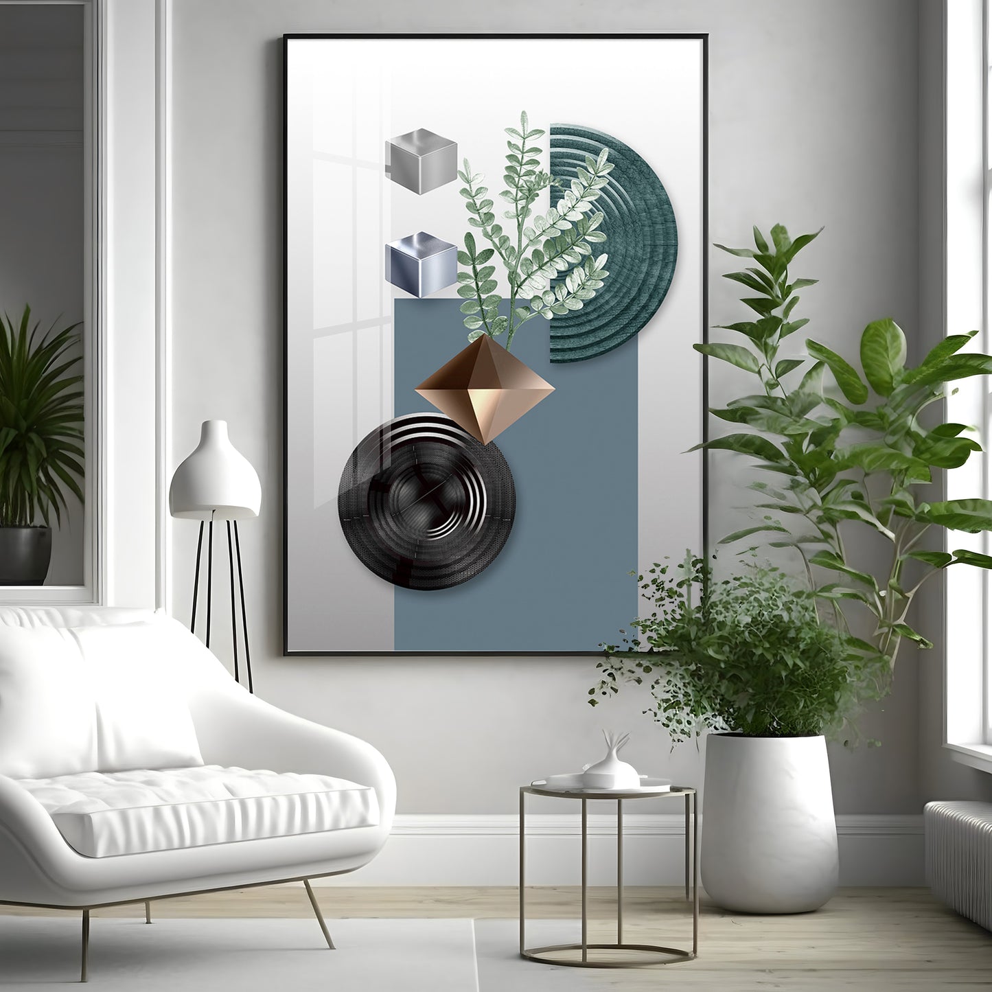 Geometric Art With Leafs Premium Acrylic Vertical Wall Art