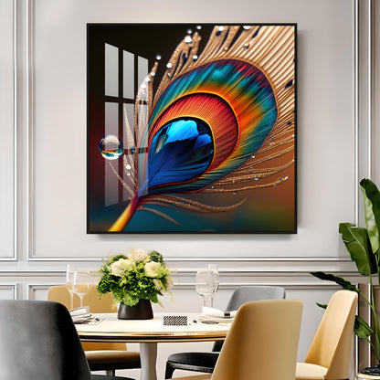 Vibrant Color Peacock Feather Premium Square Vertical Wall Art