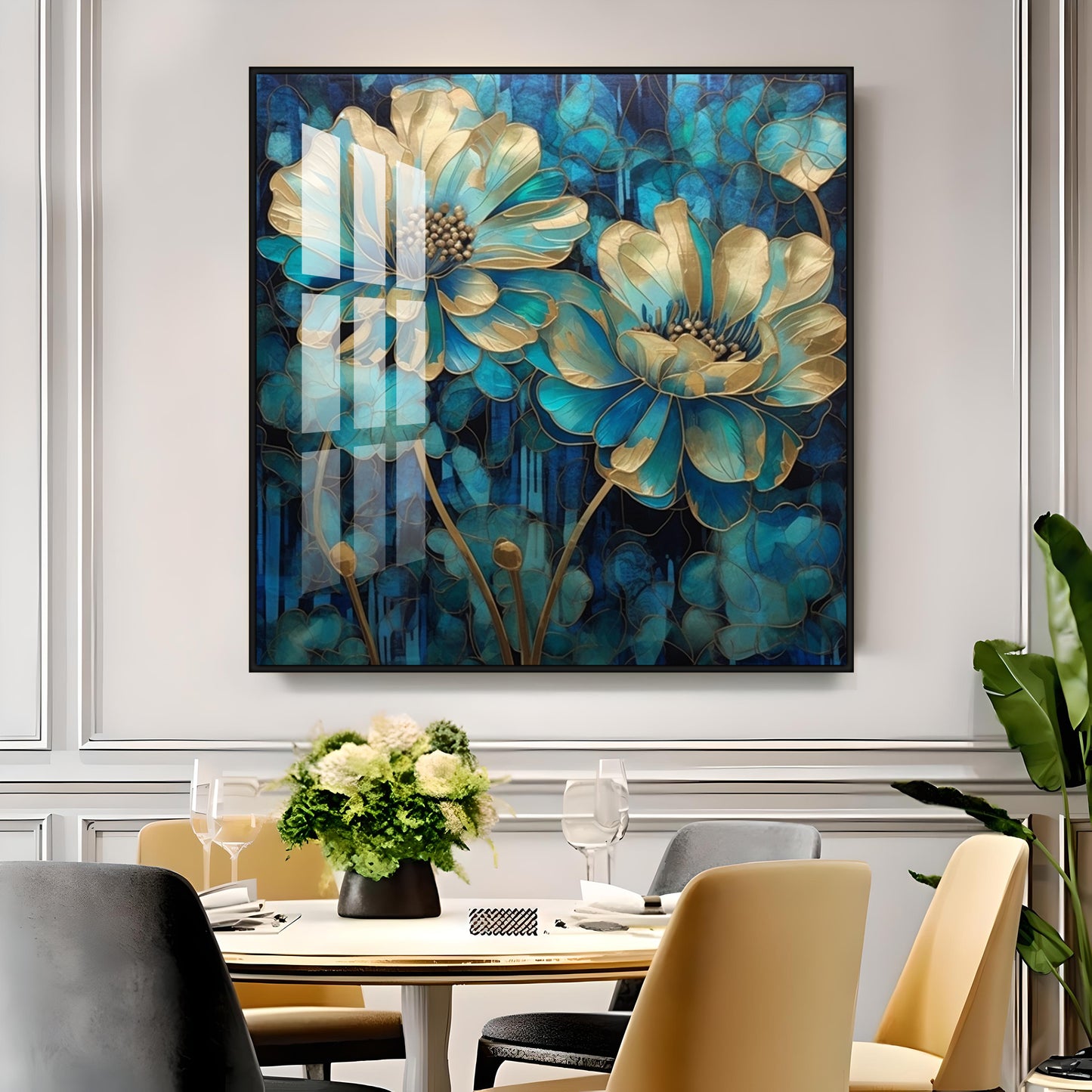 Flowers With Gold & Blue Leaves Premium Acrylic Square Wall Art