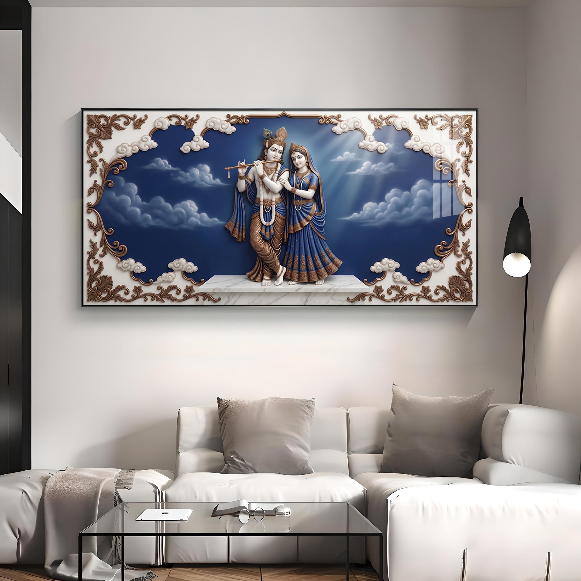 Radha Krishna Surrounded With Blue Backdrop Premium Acrylic Horizontal Wall Art