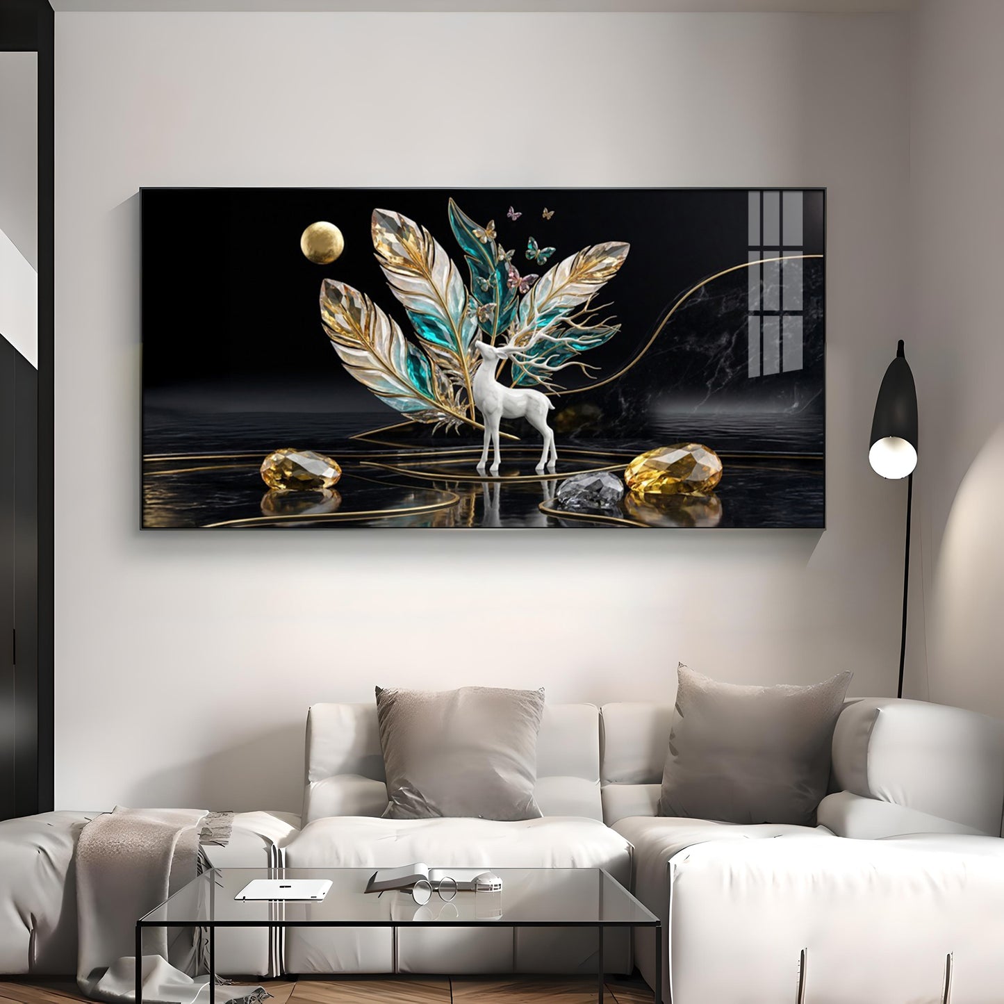 White Deer With Feathers Premium Acrylic Horizontal Wall Art