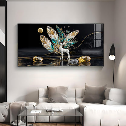 White Deer With Feathers Premium Acrylic Horizontal Wall Art