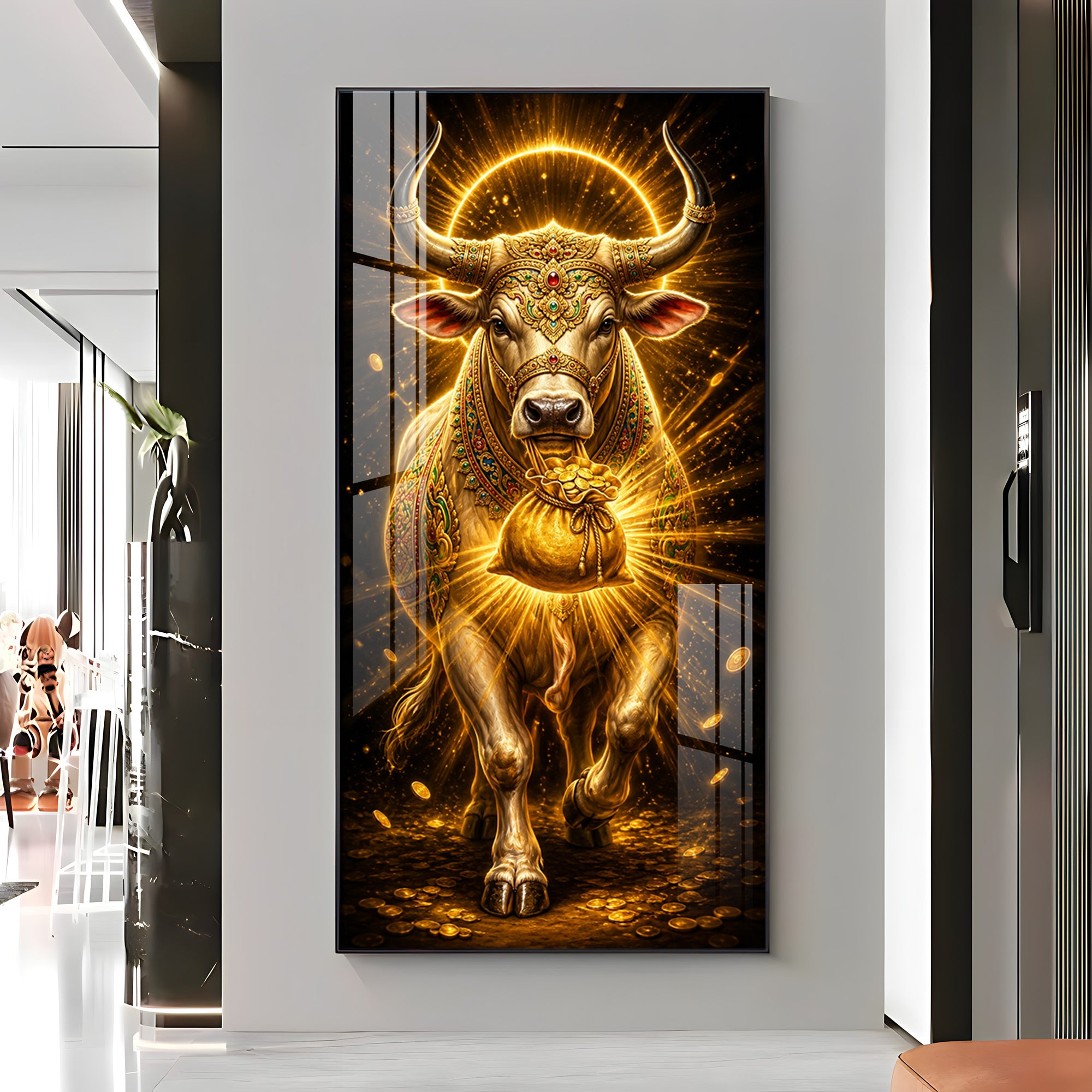 Golden Bull With Bag Of Wealth Premium Acrylic Vertical Wall Art