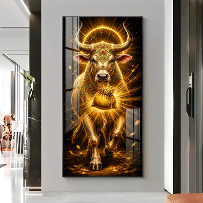Golden Bull With Bag Of Wealth Premium Acrylic Vertical Wall Art