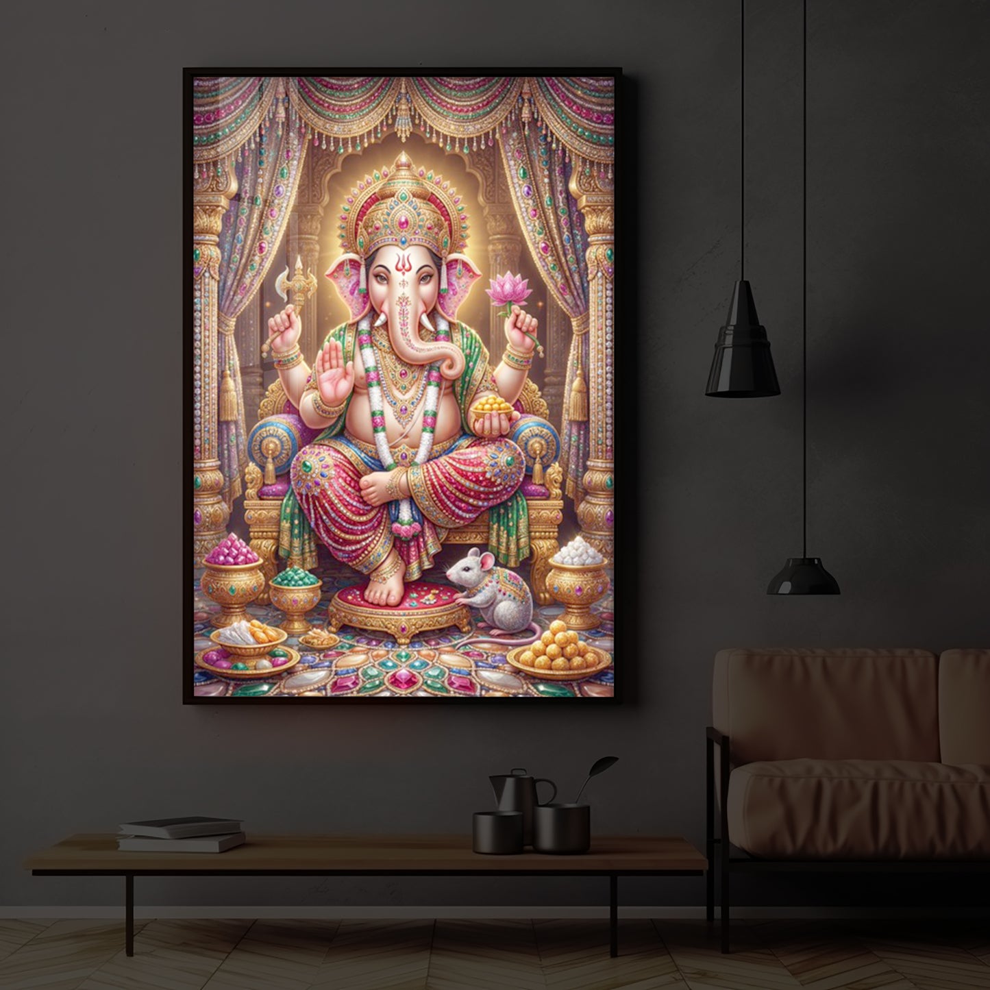 Shree Ganesh Darbar Modern Luxury Backlight Vertical Wall Art