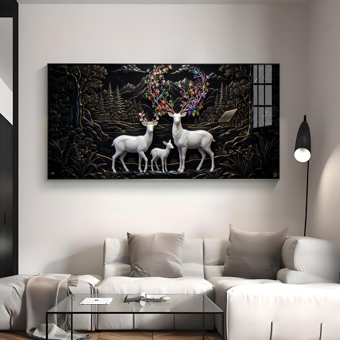 Family of Deer With Colorful Antlers Premium Acrylic Horizontal Wall Art