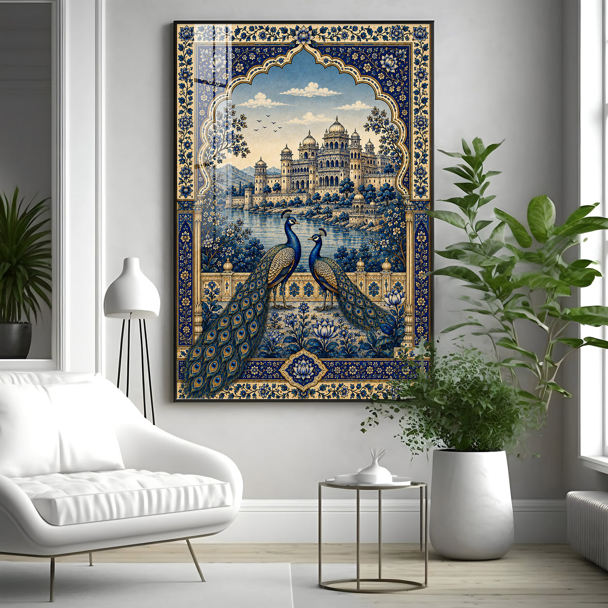 Royal Blue Peacocks & Palace Premium Acrylic Vertical Wall Art