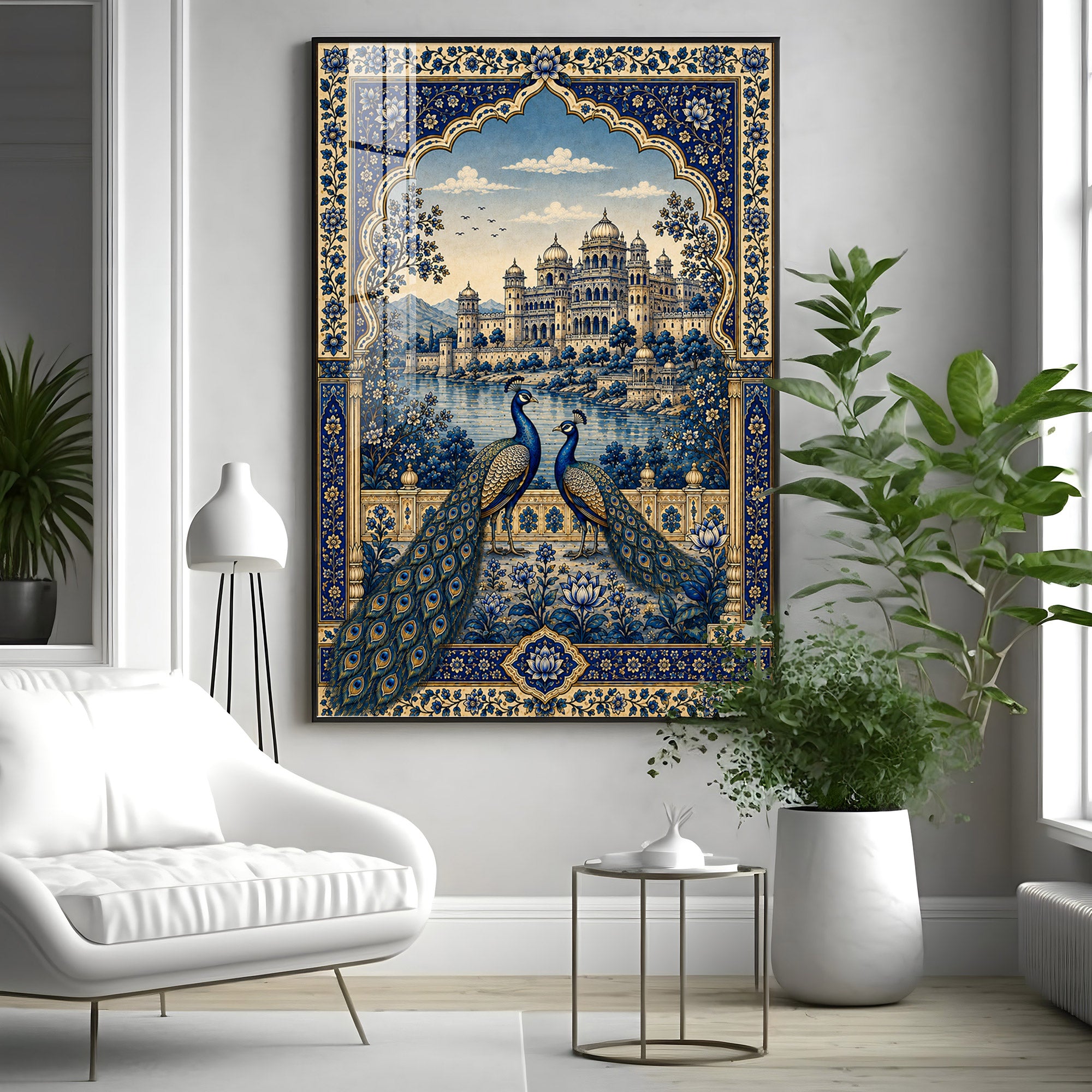 Royal Blue Peacocks & Palace Premium Acrylic Vertical Wall Art