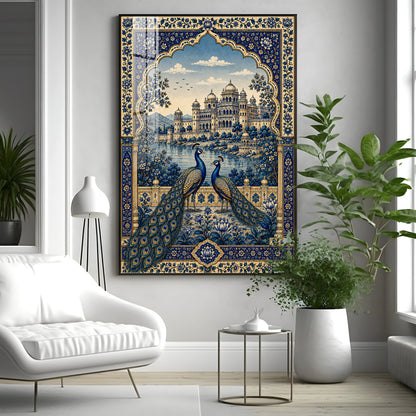 Royal Blue Peacocks & Palace Premium Acrylic Vertical Wall Art
