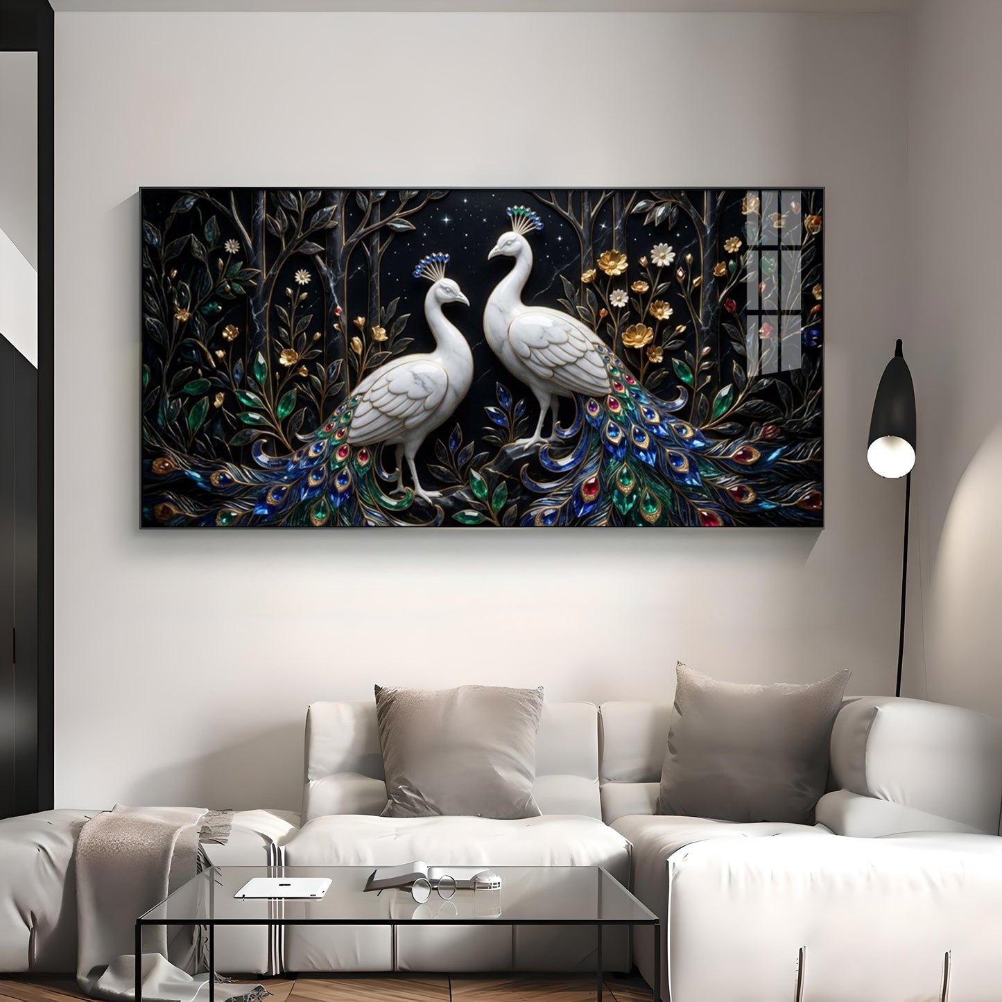Two White Peacocks With Jewel Tails Premium Acrylic Horizontal Wall Art