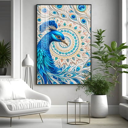 Majestic Blue Peacock Premium Acrylic Vertical Wall Art