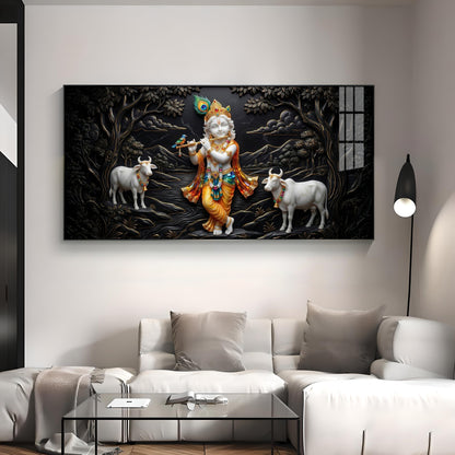 Lord Krishna With Cows Premium Acrylic Horizontal Wall Art