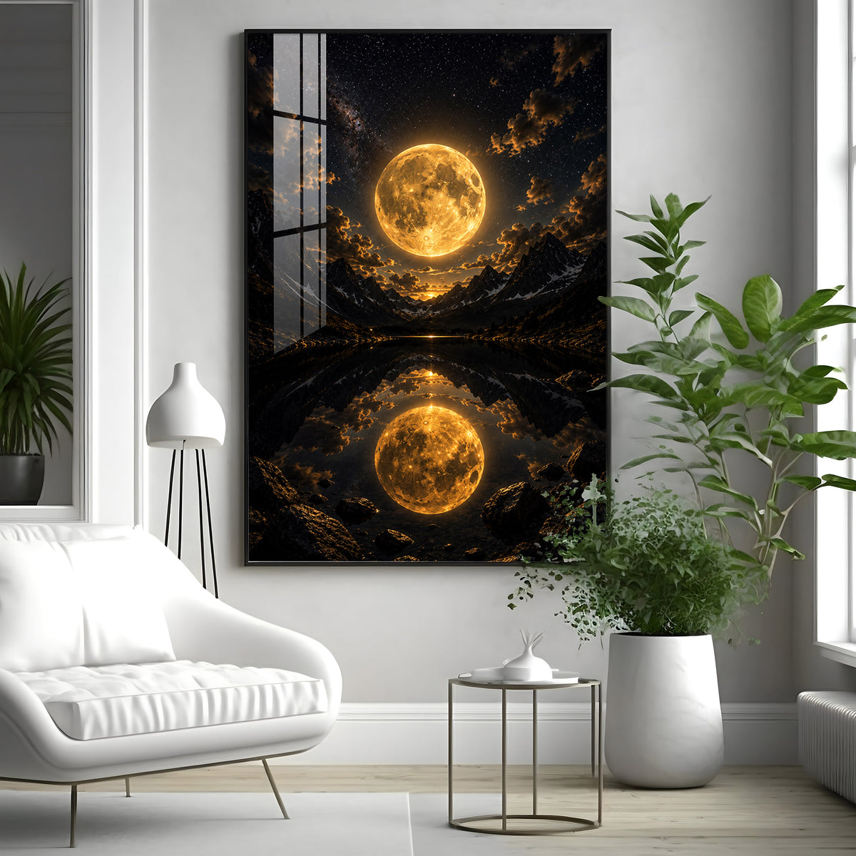 Luminous Supermoon & Mountain Lake Reflection Premium Acrylic Vertical Wall Art