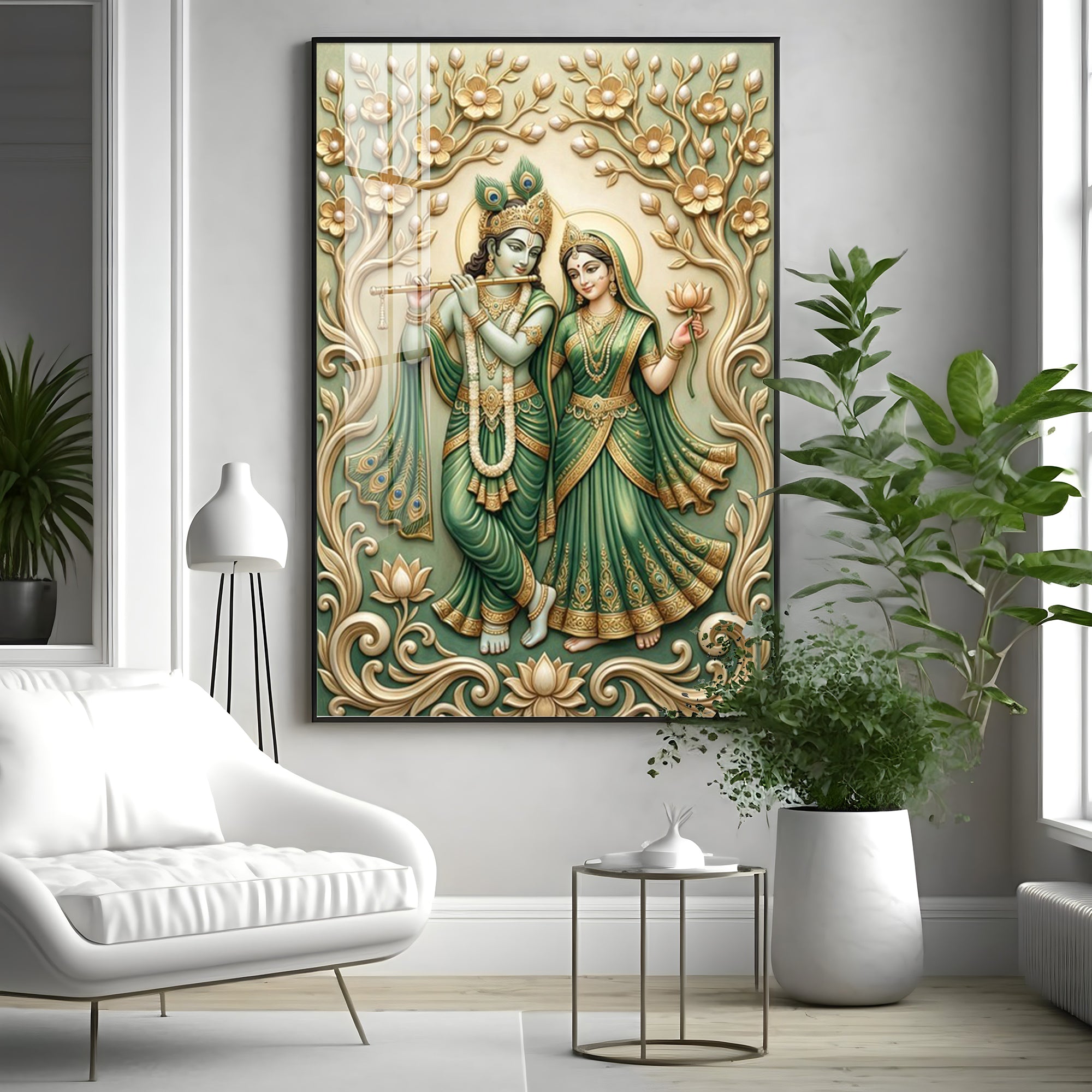 Radha Krishna With Green Background Premium Acrylic Vertical Wall Art