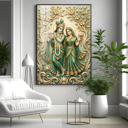 Radha Krishna With Green Background Premium Acrylic Vertical Wall Art