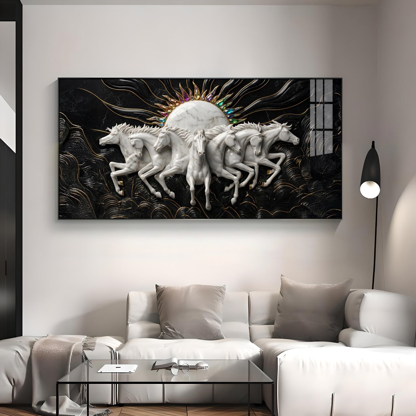 White Running Horses Premium Acrylic Horizontal Wall Art